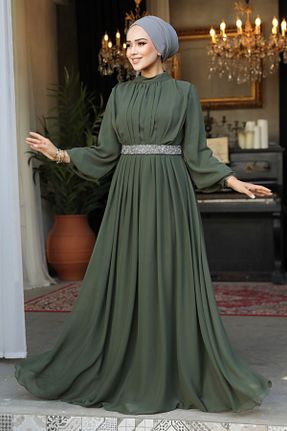 لباس مجلسی حجاب خاکی زنانه یقه ایستاده Neva Style - کد 863831165