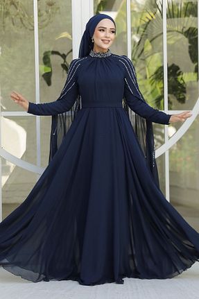 لباس مجلسی حجاب سرمه ای زنانه یقه ایستاده Neva Style - کد 863831571