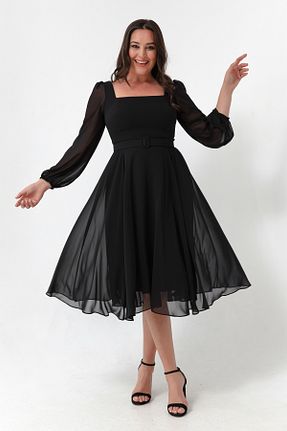 لباس مجلسی سایز بزرگ مشکی زنانه یقه مربعی Lafaba - کد 759824507