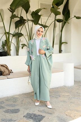 کافتان و کیمونو حجاب سبز زنانه کتان Aşkın fashion - کد 863635007