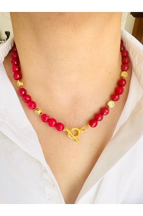 گردنبند جواهر صورتی زنانه روکش طلا DEVİ fashion - کد 863187591