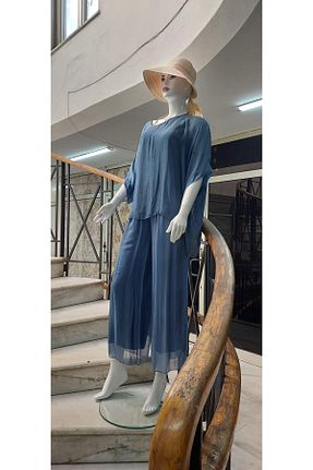 ست بالاتنه و پائین تنه آبی زنانه بافتنی Bohem Stil - کد 864282855