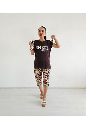 ست لباس راحتی قهوه ای زنانه چاپی 6 butik altı üstü butik - کد 864341738
