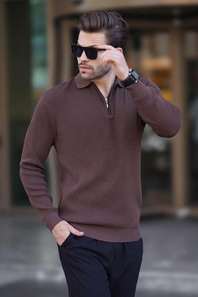 پلیور قهوه ای مردانه ساده Madmext - کد 850072995