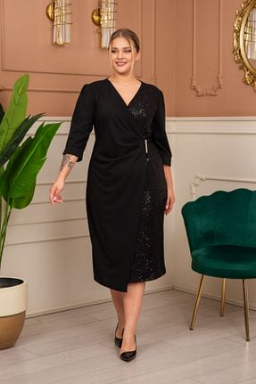 لباس مجلسی سایز بزرگ مشکی زنانه یقه هفت EGZEBRU - کد 864718575