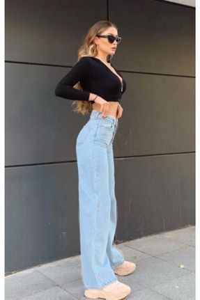 شلوار جین آبی زنانه پاچه گشاد فاق بلند ساده بلند کد 130977466