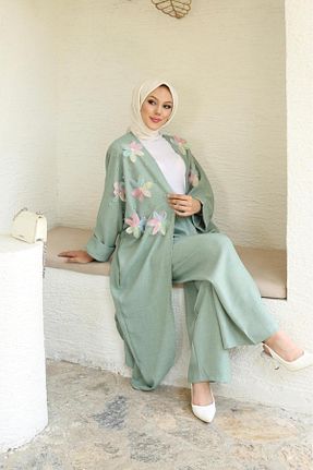 کافتان و کیمونو حجاب سبز زنانه کتان Aşkın fashion - کد 863635007