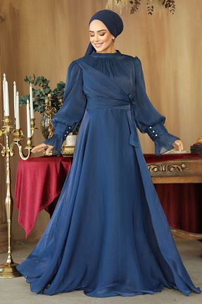 لباس مجلسی حجاب سرمه ای زنانه یقه ایستاده Neva Style - کد 863831443