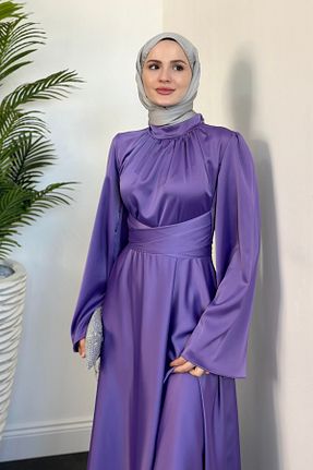 لباس مجلسی حجاب بنفش زنانه Boyundan Bağlamalı MERVEN AKYÜZ - کد 875799914