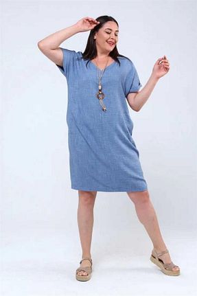 لباس سایز بزرگ آبی زنانه کتان Zer Otantik - کد 682362067