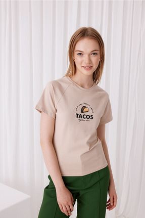 تیشرت بژ زنانه رگولار TUBİA - کد 735036136