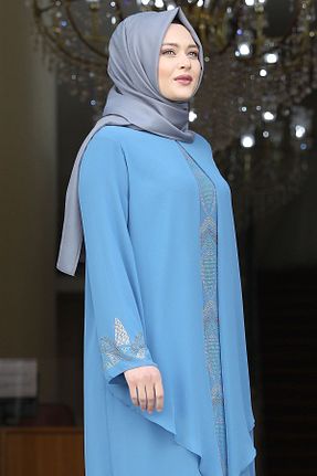 لباس مجلسی حجاب آبی زنانه یقه دوچرخه Amine Hüma - کد 166852681