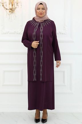 لباس مجلسی حجاب بنفش زنانه یقه دوچرخه Amine Hüma - کد 769600635
