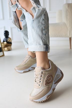 کفش اسنیکر بژ زنانه بند دار LEYDİ SHOES - کد 864978534