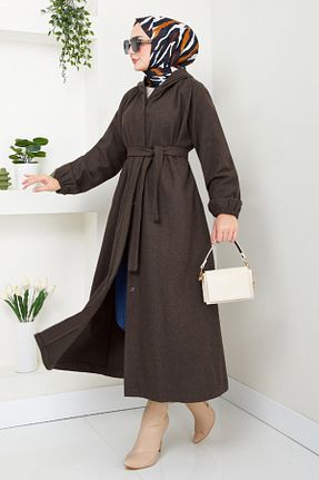 پالتو پشمی حجاب قهوه ای زنانه رگولار ModaMerve - کد 865267834
