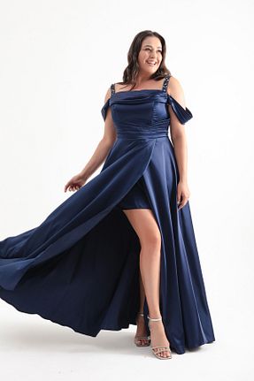لباس مجلسی سایز بزرگ سرمه ای زنانه یقه مربعی Lafaba - کد 847013246