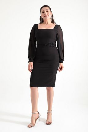 لباس مجلسی سایز بزرگ مشکی زنانه یقه مربعی Lafaba - کد 824526802