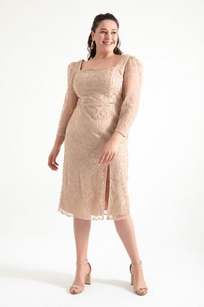 لباس مجلسی سایز بزرگ طلائی زنانه یقه مربعی Lafaba - کد 824521340
