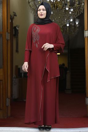 لباس مجلسی حجاب زرشکی زنانه یقه دوچرخه Amine Hüma - کد 166859908