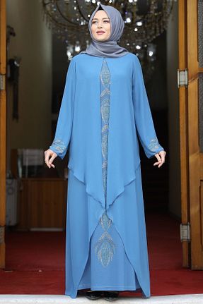 لباس مجلسی حجاب آبی زنانه یقه دوچرخه Amine Hüma - کد 166852681