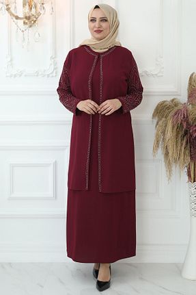 لباس مجلسی حجاب زرشکی زنانه یقه دوچرخه Amine Hüma - کد 680412518
