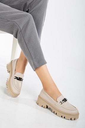 کفش لوفر بژ زنانه چرم مصنوعی SUİNS SHOES - کد 865021377
