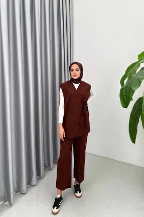 ست بالاتنه و پائین تنه قهوه ای زنانه بافتنی QUQA - کد 865268436