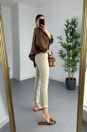 شلوار جین بژ زنانه پاچه لوله تفنگی ByCukurovaFrango - کد 902481357