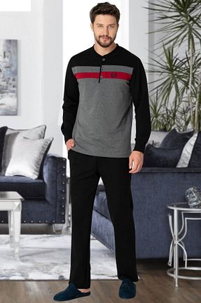 ست لباس راحتی سایز بزرگ طوسی مردانه طرح دار Mecit Pijama - کد 684451115