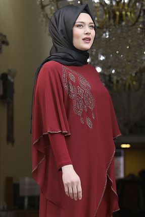 لباس مجلسی حجاب زرشکی زنانه یقه دوچرخه Amine Hüma - کد 166859908