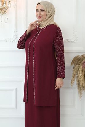 لباس مجلسی حجاب زرشکی زنانه یقه دوچرخه Amine Hüma - کد 680412518