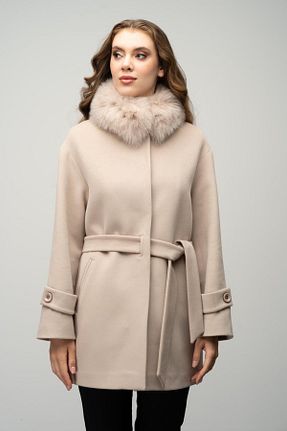 پالتو پشمی بژ زنانه اورسایز Olcay - کد 865182596
