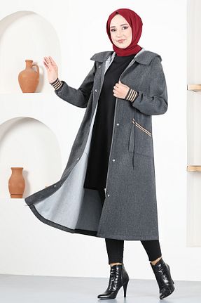 پالتو پشمی حجاب طوسی زنانه رگولار ModaMerve - کد 865215451