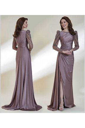 لباس مجلسی حجاب قهوه ای زنانه یقه دوچرخه Hanımefendi Giyim - کد 865234739