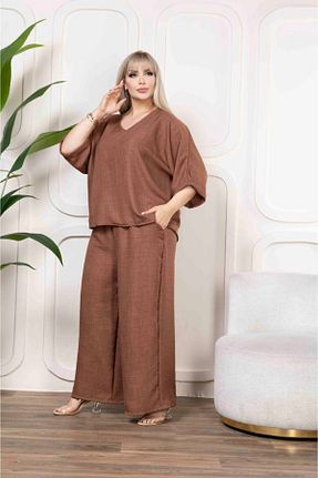 ست بالاتنه و پائین تنه سایز بزرگ قهوه ای زنانه کش دار garajmood - کد 865724650