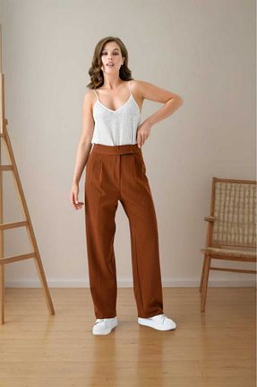 شلوار پارچه ای قهوه ای زنانه فاق نرمال MİSLİNE - کد 858493694