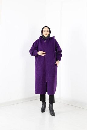 پالتو پشمی بنفش زنانه اورسایز AbiyeSultan - کد 866315509
