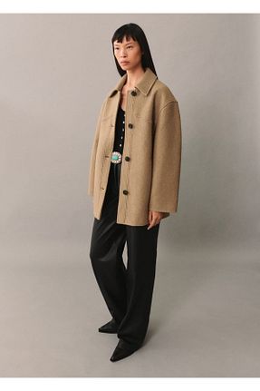 پالتو پشمی قهوه ای زنانه اورسایز MANGO - کد 860753046