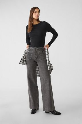شلوار جین مشکی زنانه پاچه گشاد Stradivarius - کد 866306348