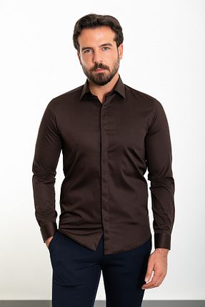 پیراهن قهوه ای مردانه اسلیم فیت Mcr - کد 236484057