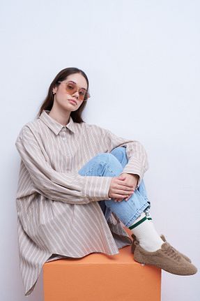 پیراهن حجاب قهوه ای زنانه اورسایز QANU - کد 866573585