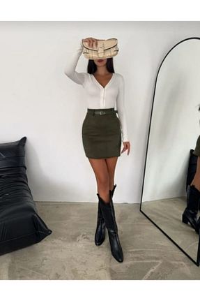 دامن خاکی زنانه چرم مصنوعی Gugus - کد 866676969