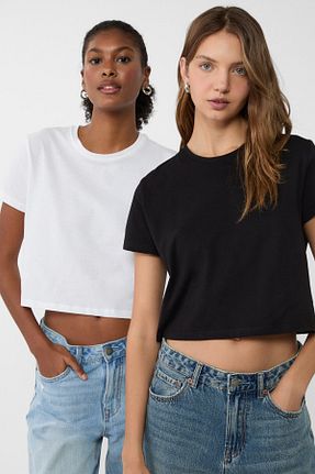 تیشرت مشکی زنانه کروپ فیت Stradivarius - کد 42617687