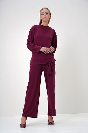 ست بالاتنه و پائین تنه زرشکی زنانه بافتنی Trend Alaçatı Stili - کد 860668342