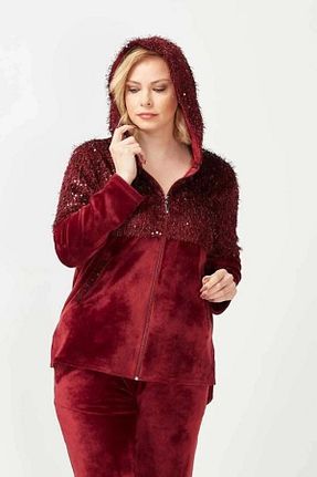 ست گرمکن سایز بزرگ زرشکی زنانه مخمل Moda Berray - کد 358935823