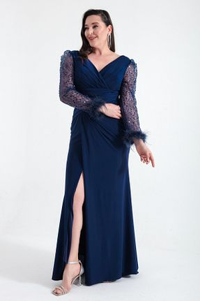 لباس مجلسی سایز بزرگ سرمه ای زنانه یقه هفت Lafaba - کد 808956151
