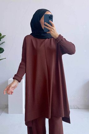 تونیک حجاب قهوه ای زنانه مخلوط ویسکون Ka Hijab - کد 844269983