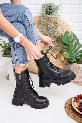 بوت / نیم بوت مشکی زنانه چرم مصنوعی Moda Değirmeni - کد 49132354