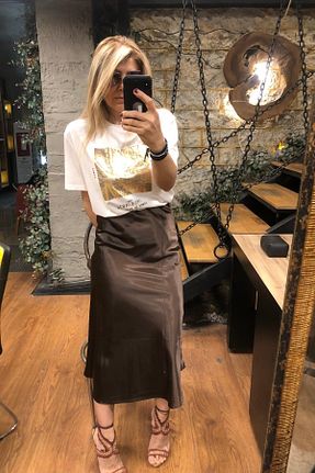 دامن قهوه ای زنانه ساتن bihterbutik - کد 700484302