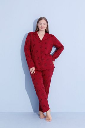 ست لباس راحتی سایز بزرگ زرشکی زنانه چاپی PİJAMOOD - کد 868860381